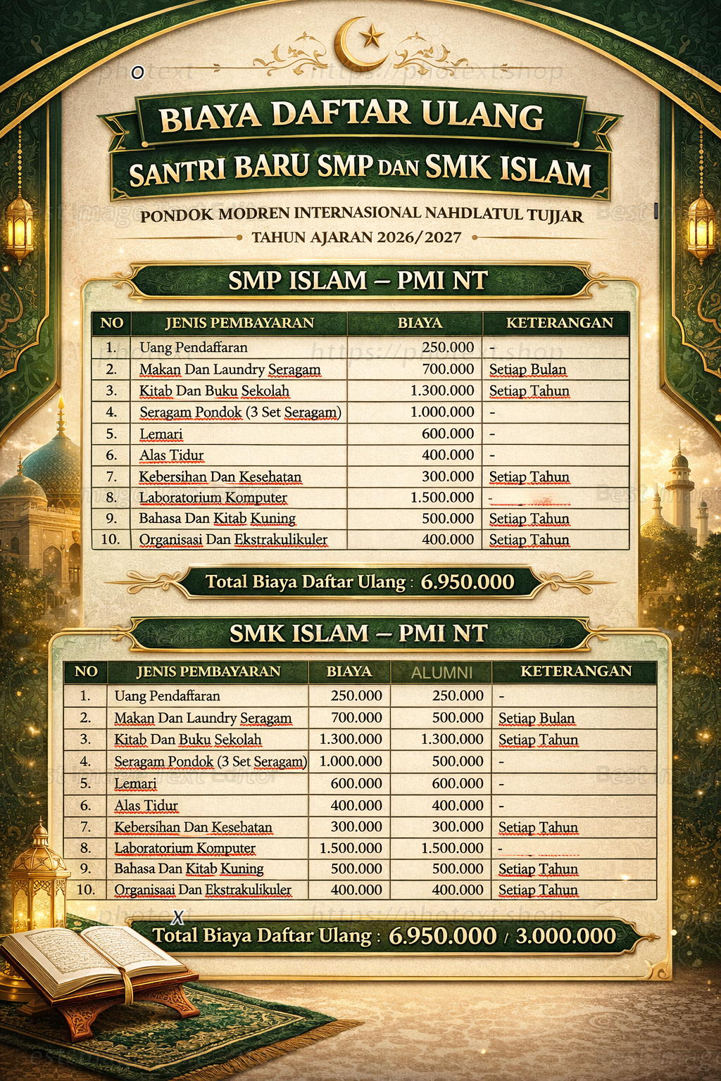 Biaya Daftar Ulang Santri Baru Smp Dan Smk Islam Pondok Modren Internasional Nahdlatul Tujjar  Tahun